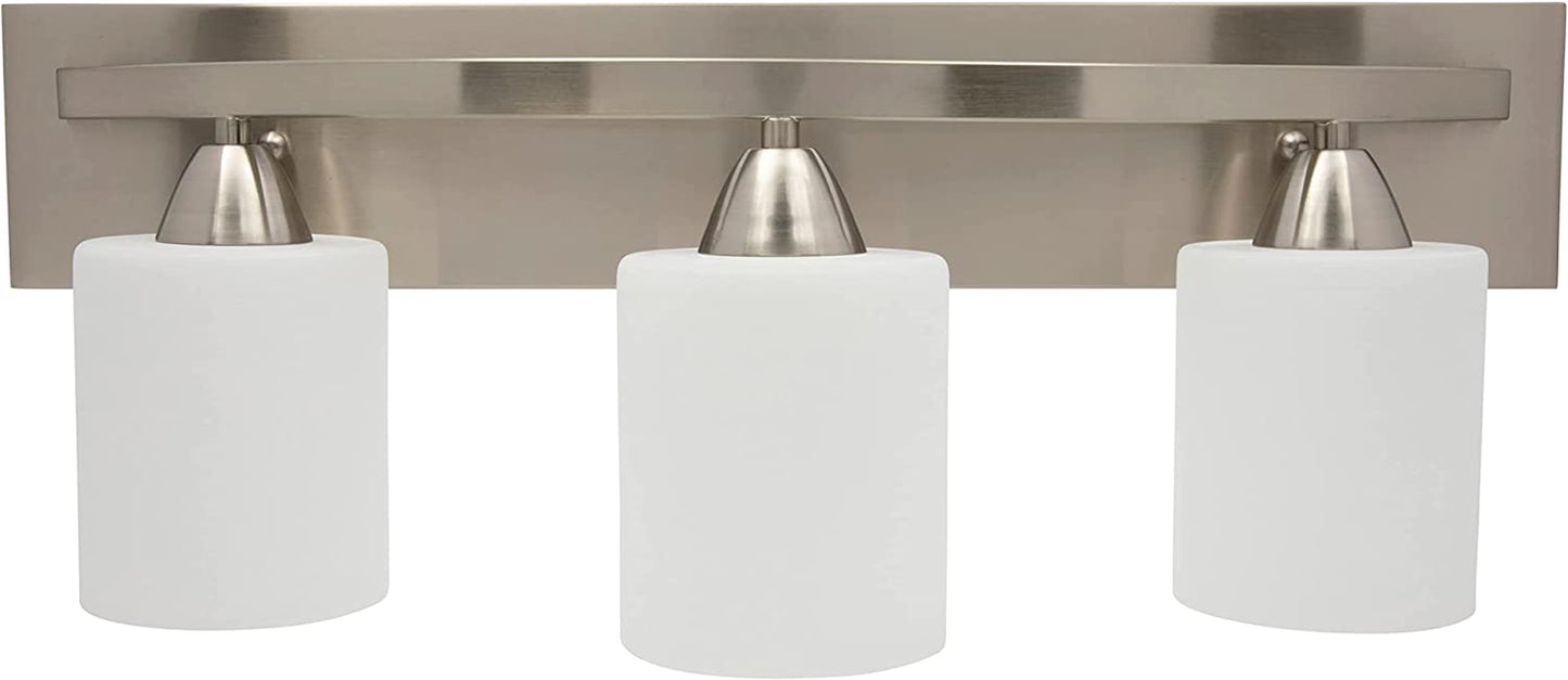 Bathroom Vanity Light Fixture | Interior Bathroom Lighting Bar with Modern Milk Glass Shade | Bathroom Lights over Mirror | Brushed Nickel, 3 Lights, E26 100W LED, Bulbs Not Included