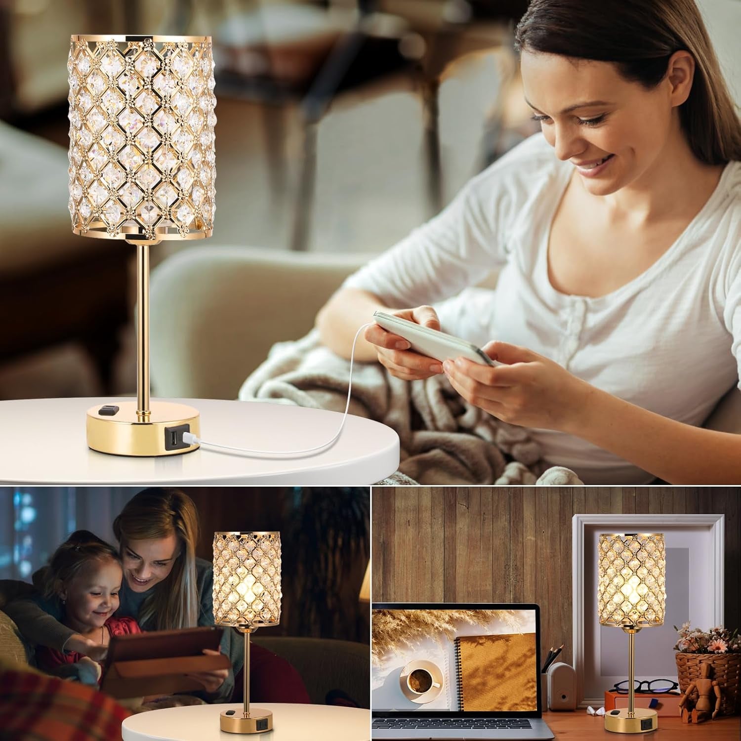 Touch Control Crystal Table Lamp-Dimmable Nightstand Lamp with USB-C+A & AC Charging Ports, 3-Way USB Gold Lamp, Bedside Desk Light for Bedroom Living Room Home Office(Bulb Included & Set of 2)